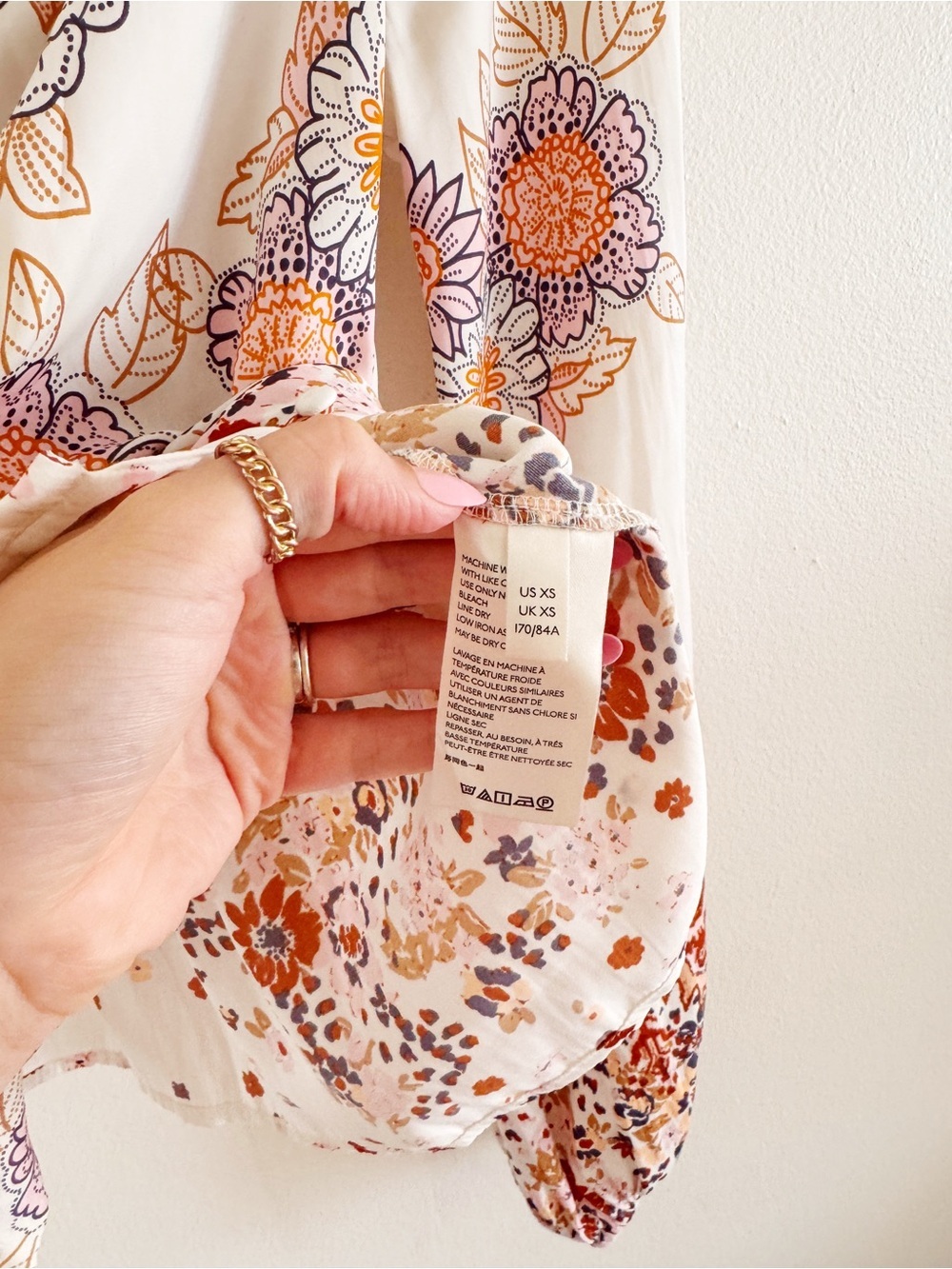 Free People Ivory Floral Tie-Front Blouse with Orange, Pink, & Blue Accents XS - Picture 3 of 4